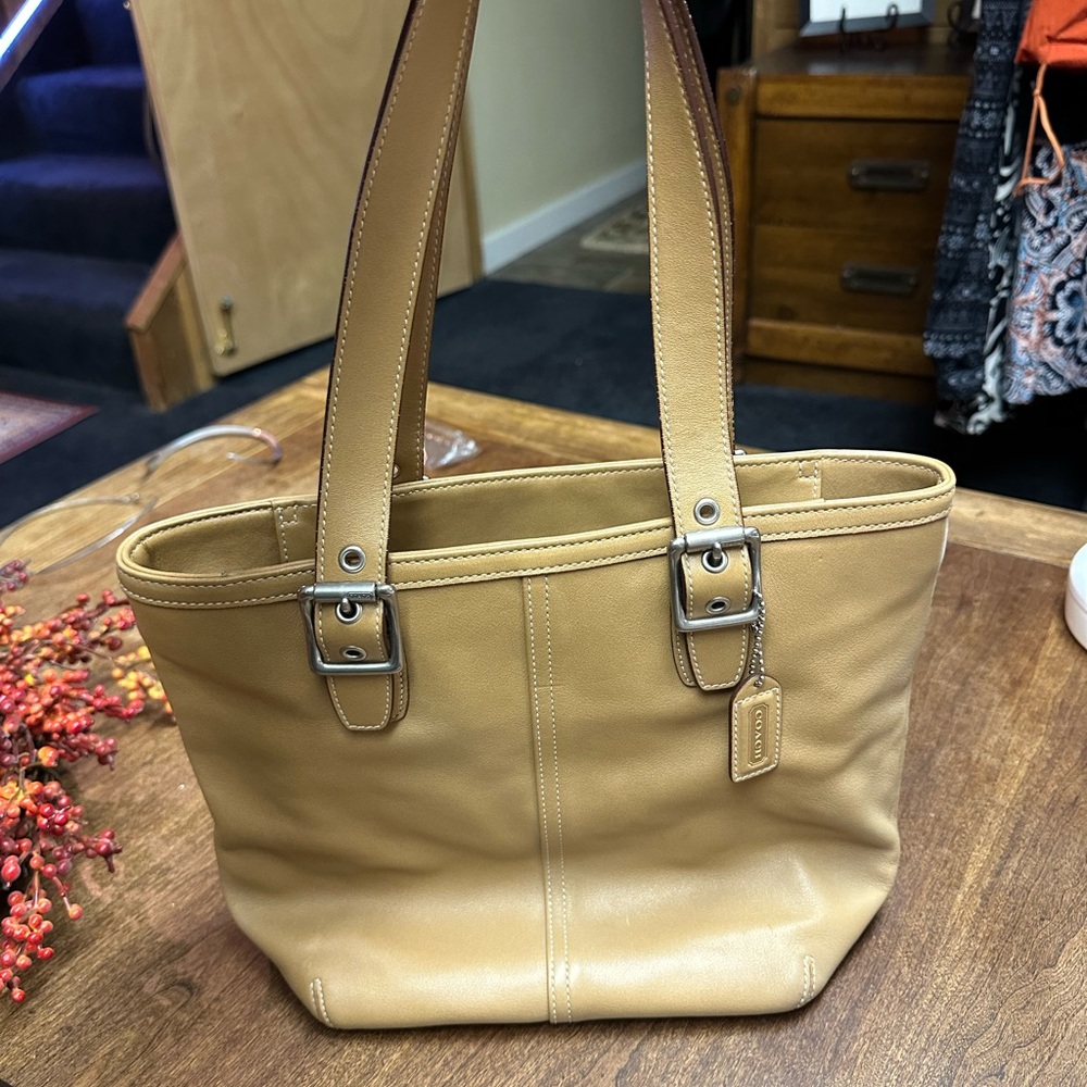 Coach Tan Structured Tote Bag with Silver Accents